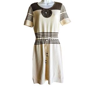 St. John Sport Ivory & Taupe Knit Dress Size S Wool Blend Short Sleeve Preppy